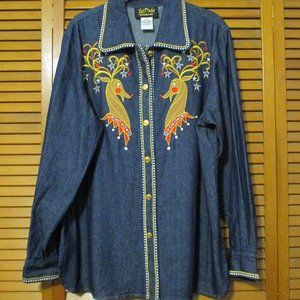 Bob Mackie Wearable Art Vintage top, button down Holiday Reindeer denim size M